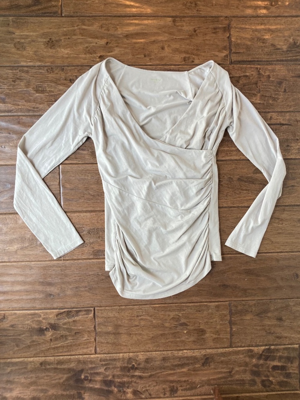 Garnet Hill Juliet Faux Wrap Long Sleeve Stretchy Cotton Top Size S Gray Tan